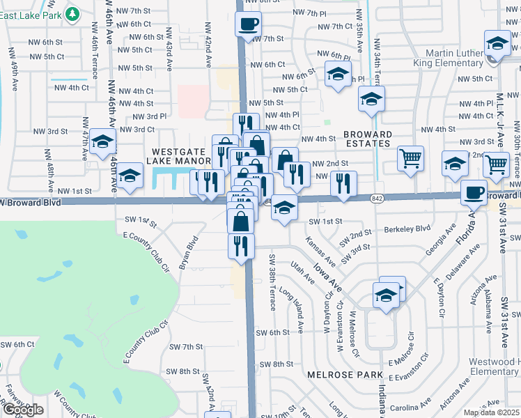 map of restaurants, bars, coffee shops, grocery stores, and more near 3894 West Broward Boulevard in Fort Lauderdale