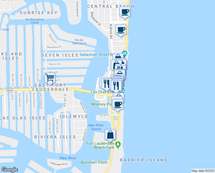 map of restaurants, bars, coffee shops, grocery stores, and more near 135 Poinsettia Street in Fort Lauderdale