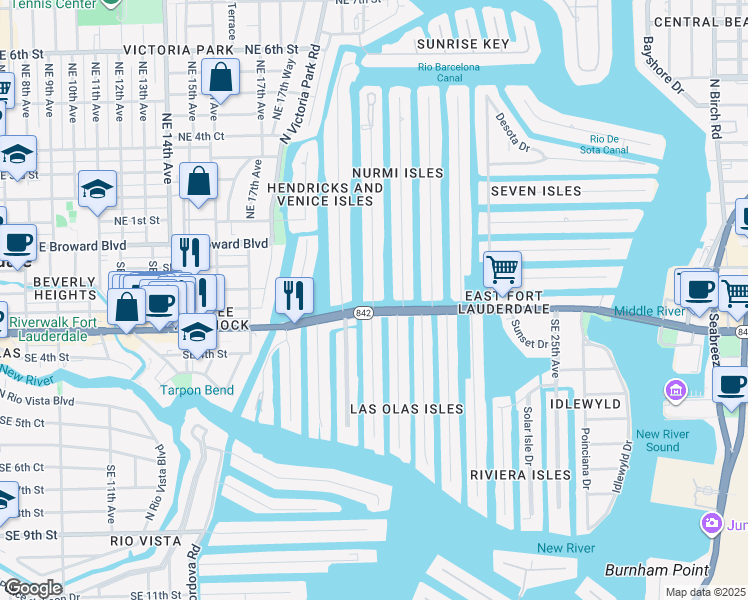 map of restaurants, bars, coffee shops, grocery stores, and more near 15 Isle of Venice Drive in Fort Lauderdale