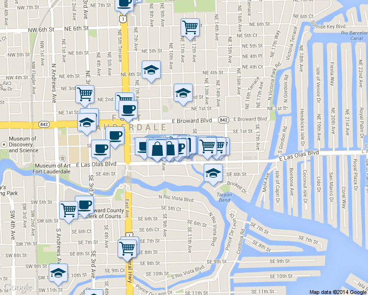 map of restaurants, bars, coffee shops, grocery stores, and more near 38 Southeast 2nd Street in Fort Lauderdale