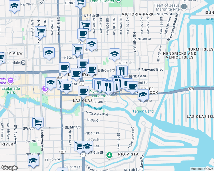 map of restaurants, bars, coffee shops, grocery stores, and more near 38 Southeast 2nd Street in Fort Lauderdale