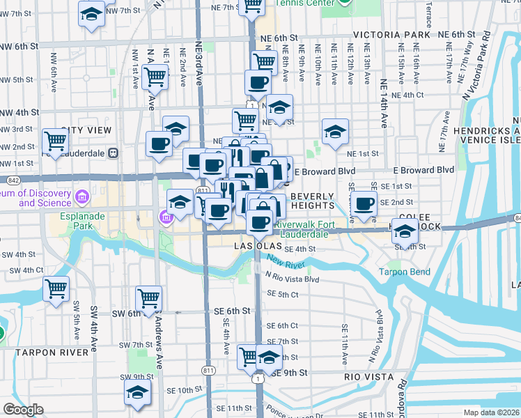 map of restaurants, bars, coffee shops, grocery stores, and more near 501 Southeast 2nd Street in Fort Lauderdale