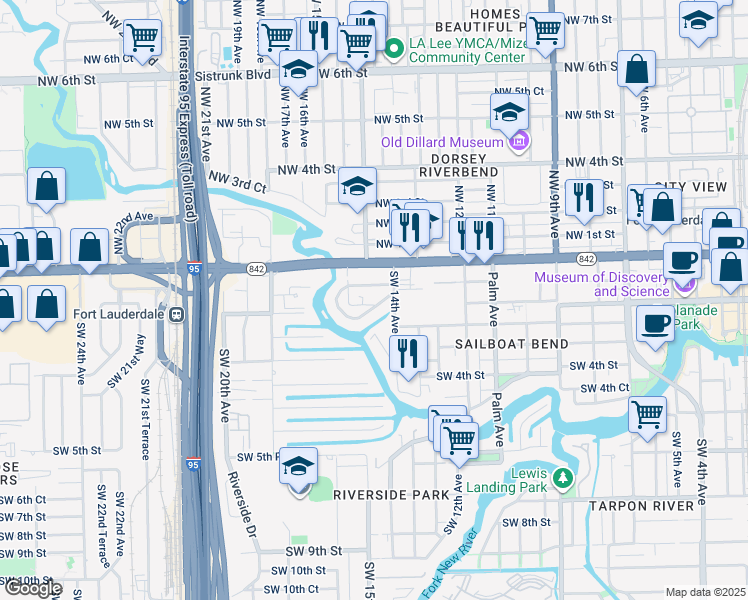 map of restaurants, bars, coffee shops, grocery stores, and more near 1420 Southwest 1st Street in Fort Lauderdale