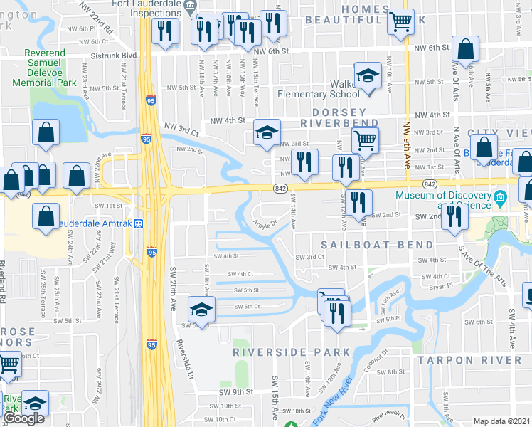 map of restaurants, bars, coffee shops, grocery stores, and more near 1420 Southwest 1st Street in Fort Lauderdale