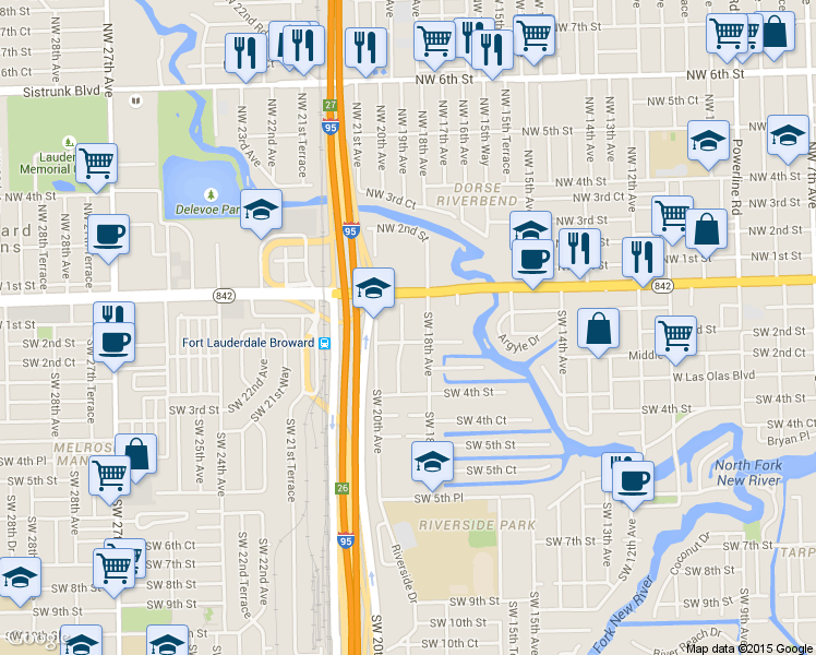 map of restaurants, bars, coffee shops, grocery stores, and more near 27 Southwest 18th Avenue in Fort Lauderdale