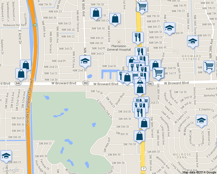 map of restaurants, bars, coffee shops, grocery stores, and more near 4301 West Broward Boulevard in Plantation