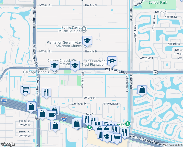map of restaurants, bars, coffee shops, grocery stores, and more near 11577 Terra Bella Boulevard in Plantation