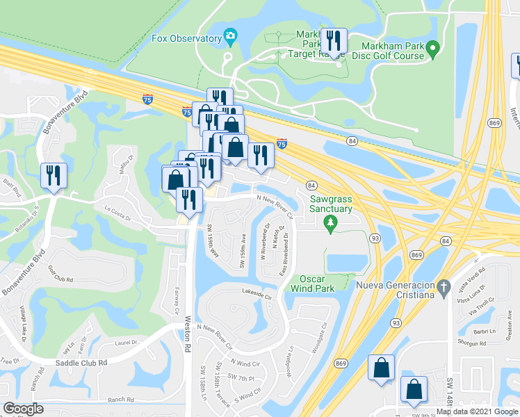 map of restaurants, bars, coffee shops, grocery stores, and more near 15702 East Waterside Circle in Sunrise