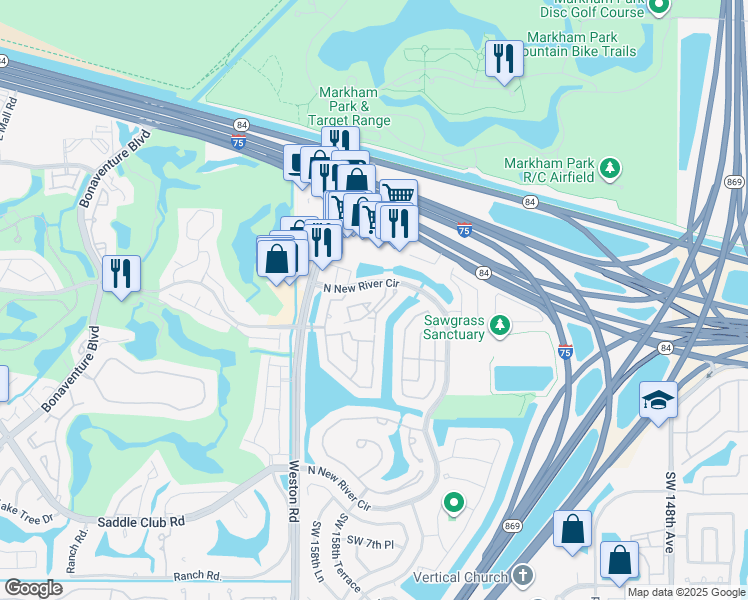 map of restaurants, bars, coffee shops, grocery stores, and more near 15705 West Waterside Circle in Sunrise
