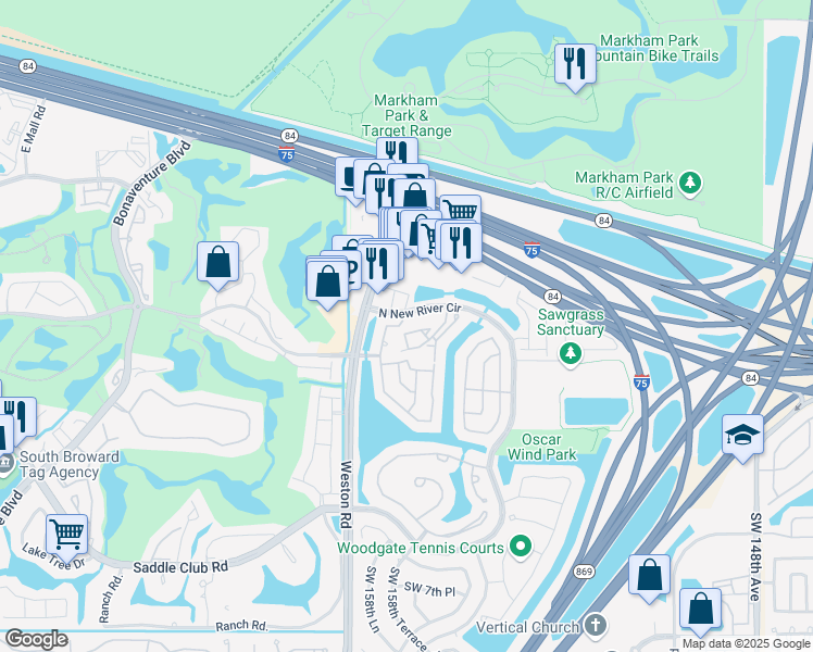 map of restaurants, bars, coffee shops, grocery stores, and more near 15705 West Waterside Circle in Sunrise
