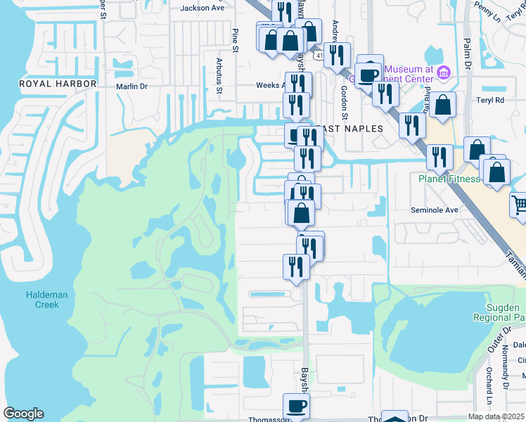 map of restaurants, bars, coffee shops, grocery stores, and more near 2730 Lakeview Drive in Naples