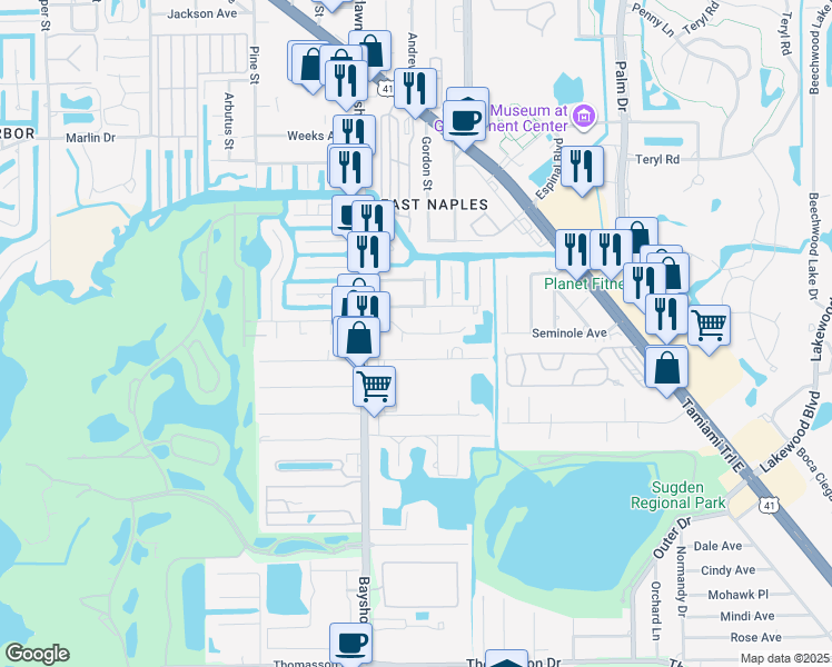map of restaurants, bars, coffee shops, grocery stores, and more near Plantation Way in Naples