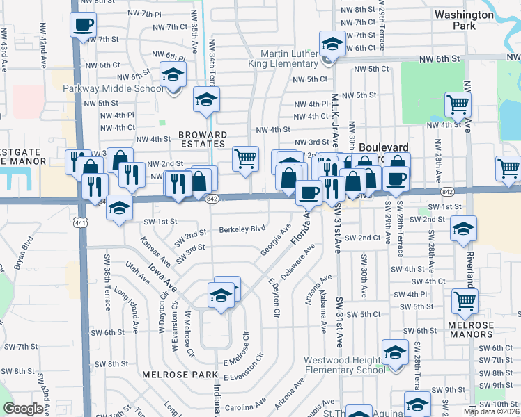 map of restaurants, bars, coffee shops, grocery stores, and more near 3400 West Broward Boulevard in Fort Lauderdale