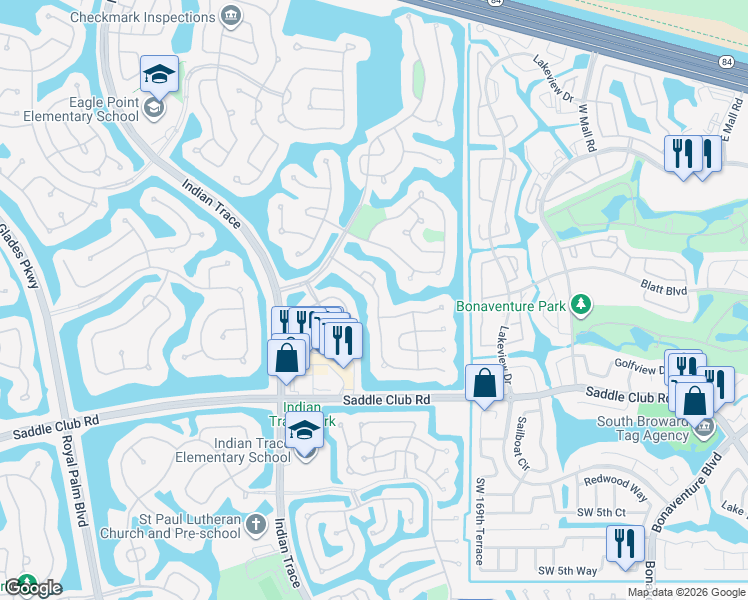 map of restaurants, bars, coffee shops, grocery stores, and more near 421 Cameron Drive in Weston