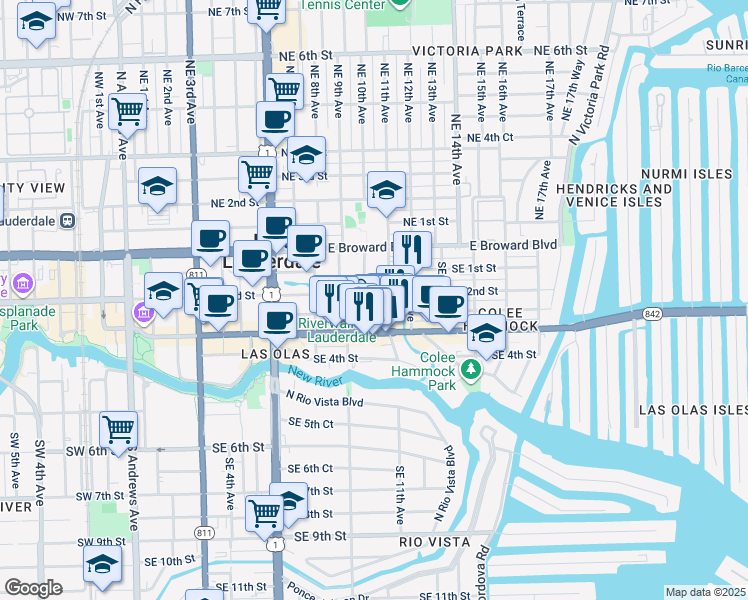 map of restaurants, bars, coffee shops, grocery stores, and more near 207 Southeast 10th Terrace in Fort Lauderdale