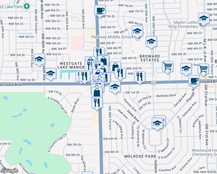map of restaurants, bars, coffee shops, grocery stores, and more near 3880 West Broward Boulevard in Fort Lauderdale