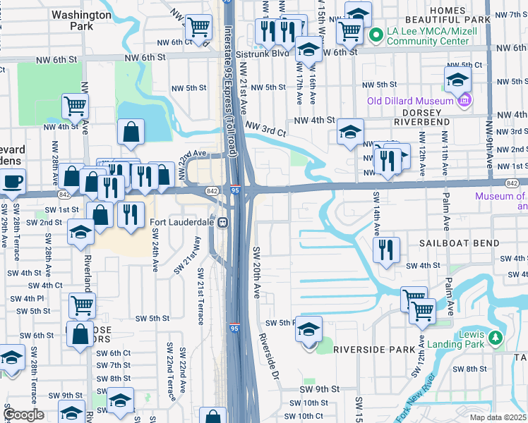 map of restaurants, bars, coffee shops, grocery stores, and more near 15 Southwest 19th Avenue in Fort Lauderdale