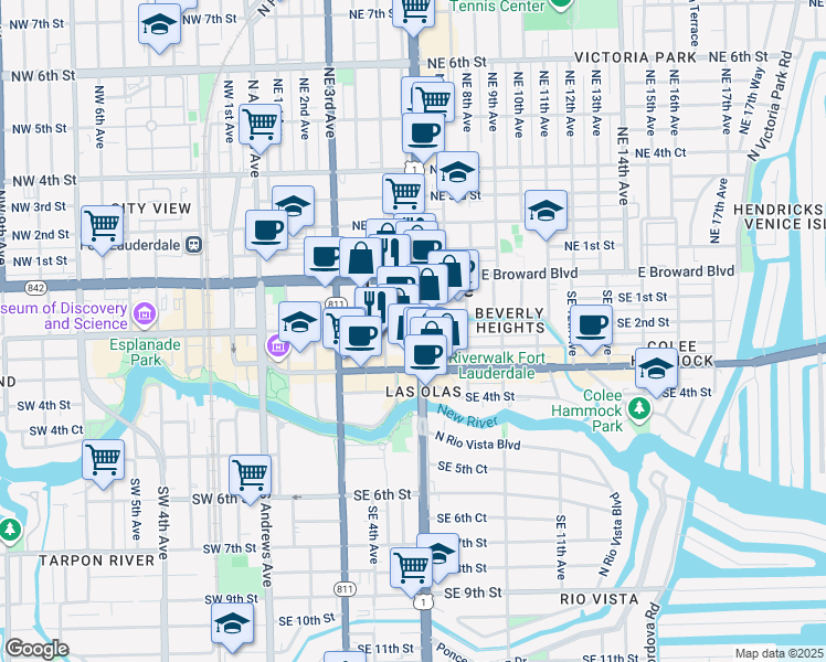 map of restaurants, bars, coffee shops, grocery stores, and more near 501 Southeast 2nd Street in Fort Lauderdale