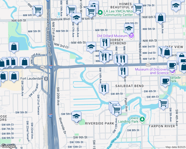 map of restaurants, bars, coffee shops, grocery stores, and more near 1420 Southwest 1st Street in Fort Lauderdale