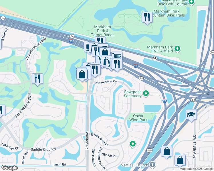 map of restaurants, bars, coffee shops, grocery stores, and more near 15705 West Waterside Circle in Sunrise