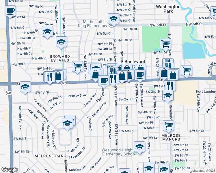 map of restaurants, bars, coffee shops, grocery stores, and more near 3120 West Broward Boulevard in Fort Lauderdale