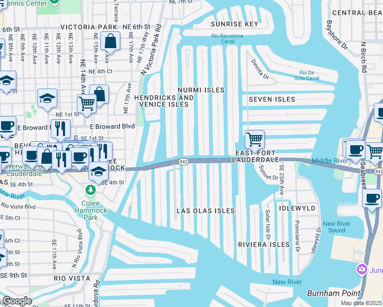 map of restaurants, bars, coffee shops, grocery stores, and more near 15 Isle of Venice Drive in Fort Lauderdale