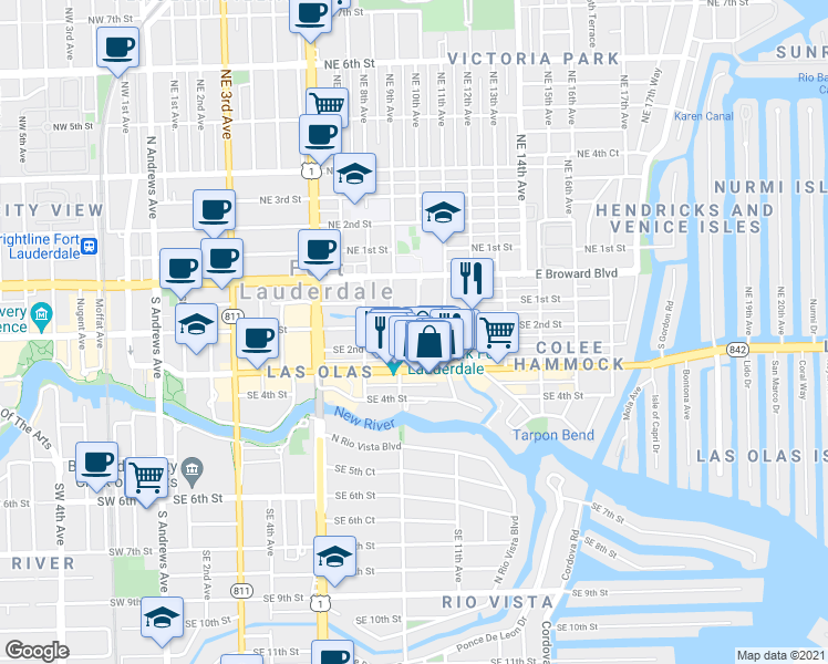 map of restaurants, bars, coffee shops, grocery stores, and more near 38 Southeast 2nd Street in Fort Lauderdale