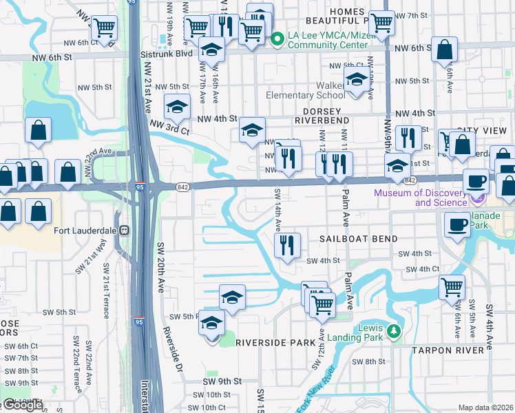 map of restaurants, bars, coffee shops, grocery stores, and more near 1420 Southwest 1st Street in Fort Lauderdale