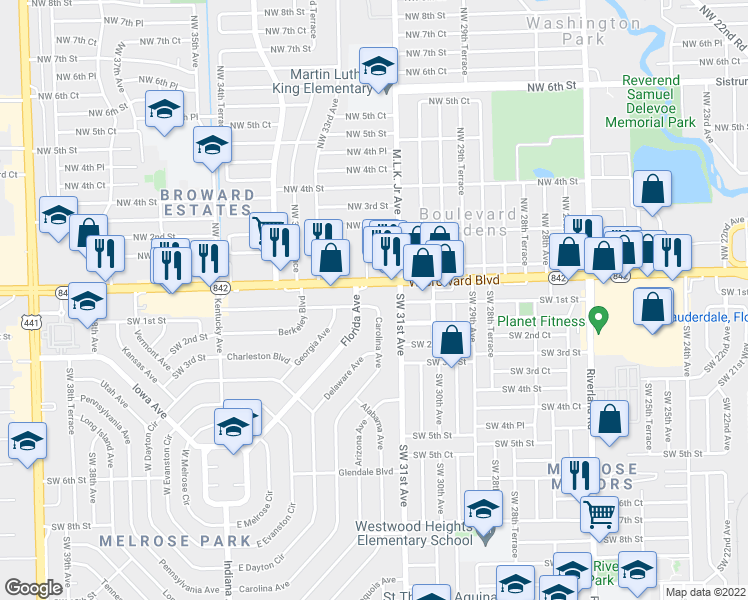 map of restaurants, bars, coffee shops, grocery stores, and more near 3120 West Broward Boulevard in Fort Lauderdale