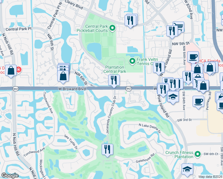 map of restaurants, bars, coffee shops, grocery stores, and more near 302 Jacaranda Country Club Drive in Plantation