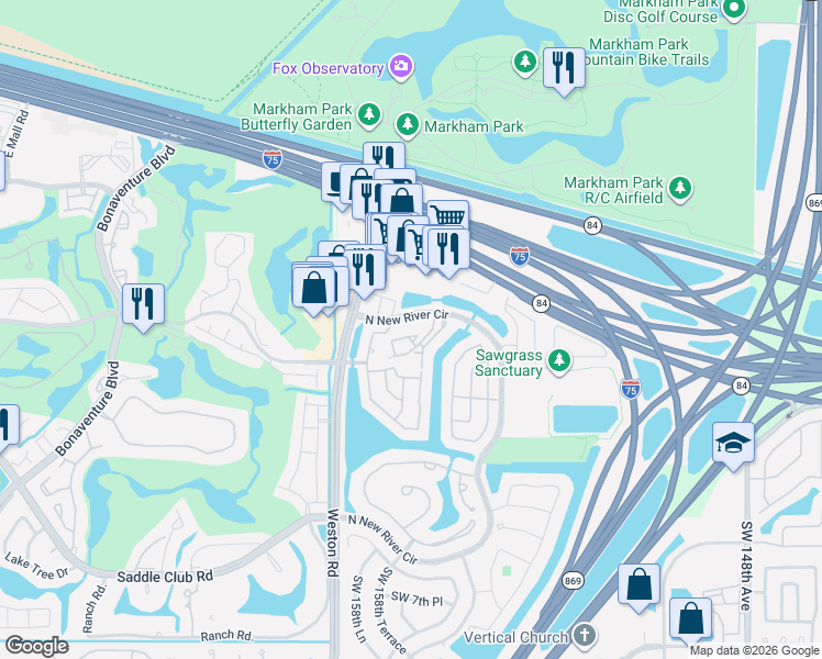 map of restaurants, bars, coffee shops, grocery stores, and more near 15705 West Waterside Circle in Sunrise