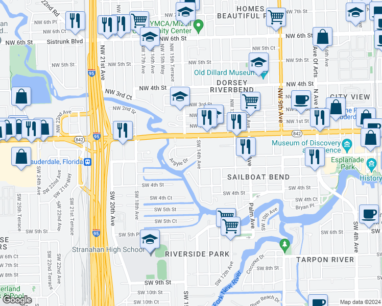 map of restaurants, bars, coffee shops, grocery stores, and more near 1411 Southwest 2nd Street in Fort Lauderdale