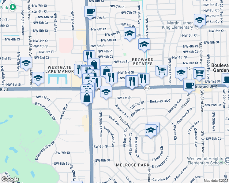 map of restaurants, bars, coffee shops, grocery stores, and more near 3821 West Broward Boulevard in Fort Lauderdale