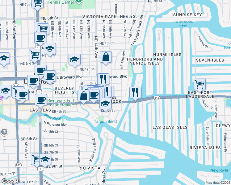 map of restaurants, bars, coffee shops, grocery stores, and more near 1601 Southeast 2nd Street in Fort Lauderdale