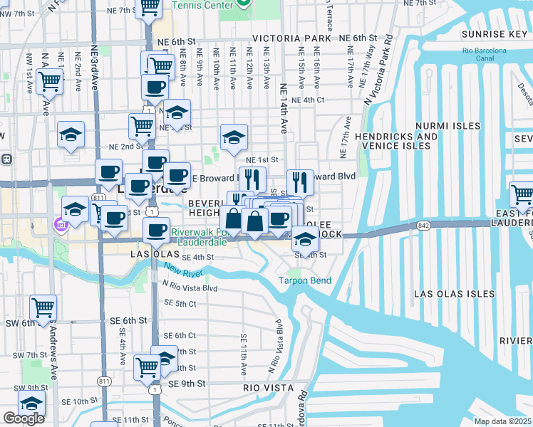 map of restaurants, bars, coffee shops, grocery stores, and more near 1309 Southeast 2nd Court in Fort Lauderdale