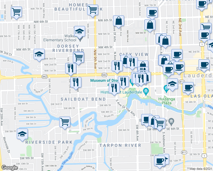 map of restaurants, bars, coffee shops, grocery stores, and more near 816 Southwest 1st Street in Fort Lauderdale