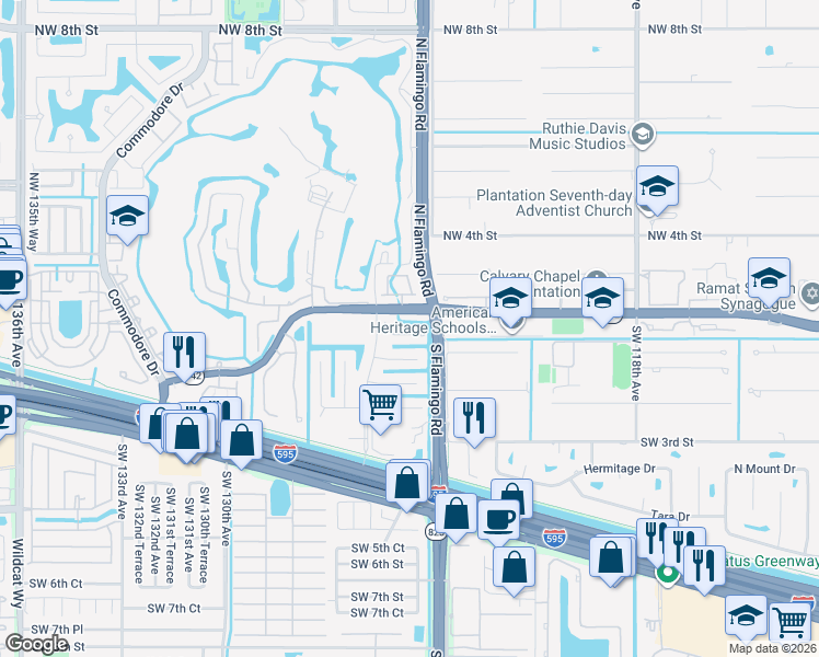 map of restaurants, bars, coffee shops, grocery stores, and more near 12411 Southwest 1st Street in Plantation