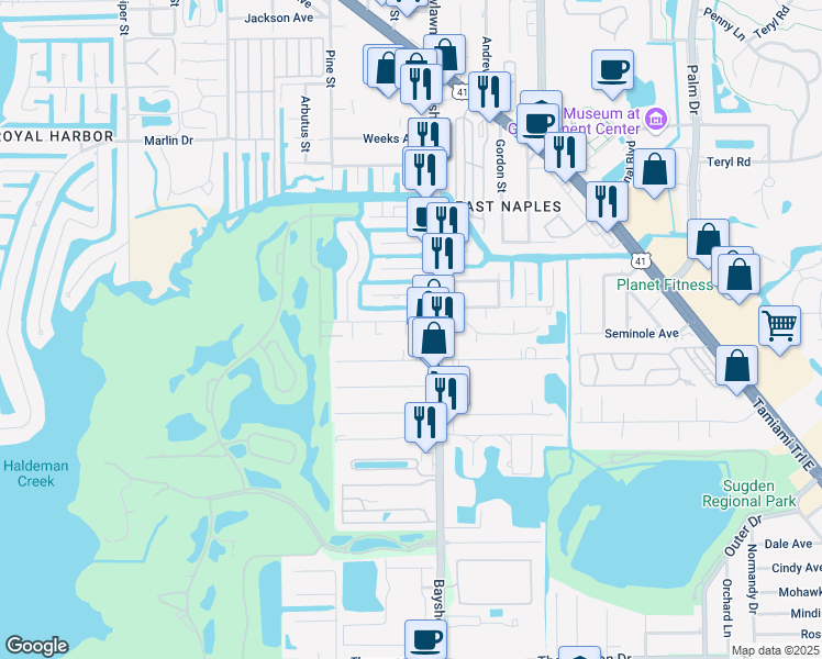 map of restaurants, bars, coffee shops, grocery stores, and more near 2830 Lakeview Drive in Naples