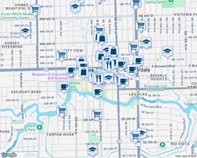 map of restaurants, bars, coffee shops, grocery stores, and more near 115 South Andrews Avenue in Fort Lauderdale