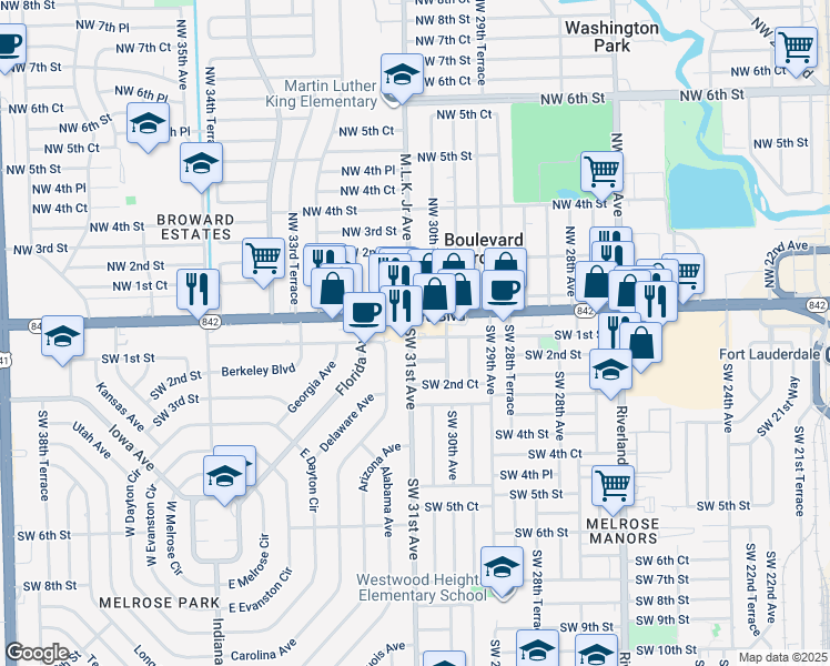 map of restaurants, bars, coffee shops, grocery stores, and more near 3058 West Broward Boulevard in Fort Lauderdale