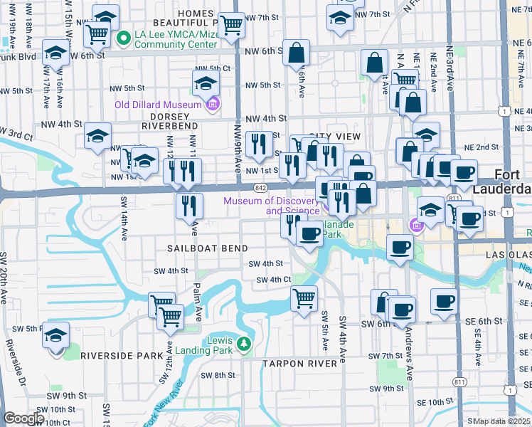 map of restaurants, bars, coffee shops, grocery stores, and more near 816 Southwest 1st Street in Fort Lauderdale
