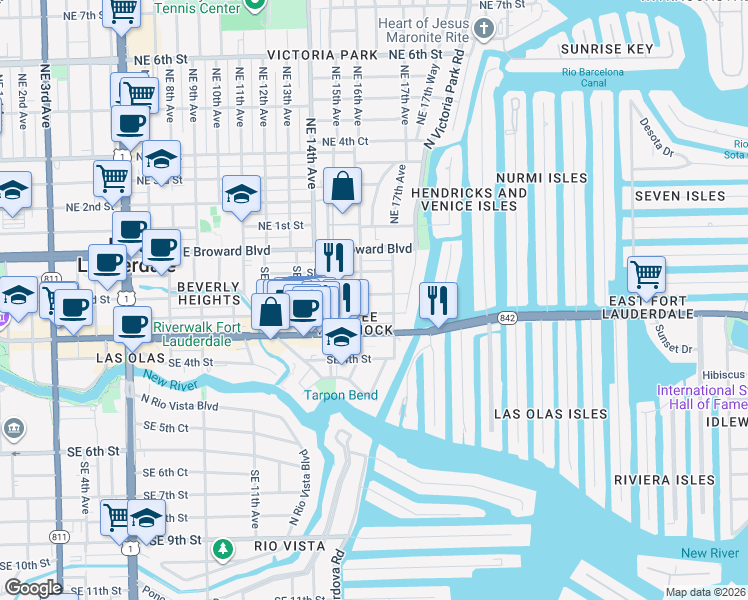 map of restaurants, bars, coffee shops, grocery stores, and more near 1601 Southeast 2nd Street in Fort Lauderdale