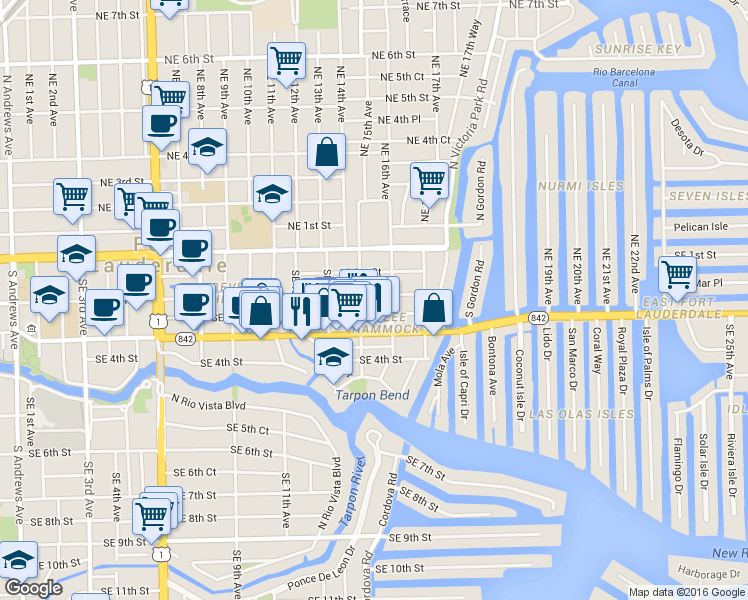 map of restaurants, bars, coffee shops, grocery stores, and more near 1501 Southeast 2nd Street in Fort Lauderdale