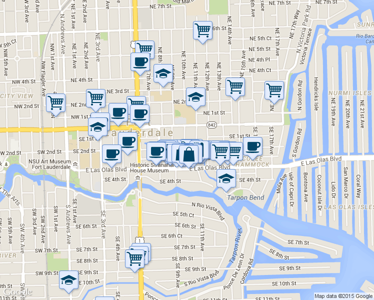 map of restaurants, bars, coffee shops, grocery stores, and more near 38 Southeast 2nd Street in Fort Lauderdale