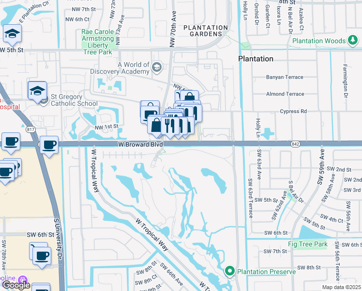 map of restaurants, bars, coffee shops, grocery stores, and more near 6951 West Broward Boulevard in Plantation