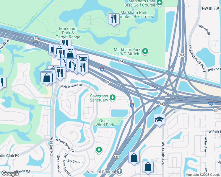 map of restaurants, bars, coffee shops, grocery stores, and more near 191 Las Brisas Circle in Weston