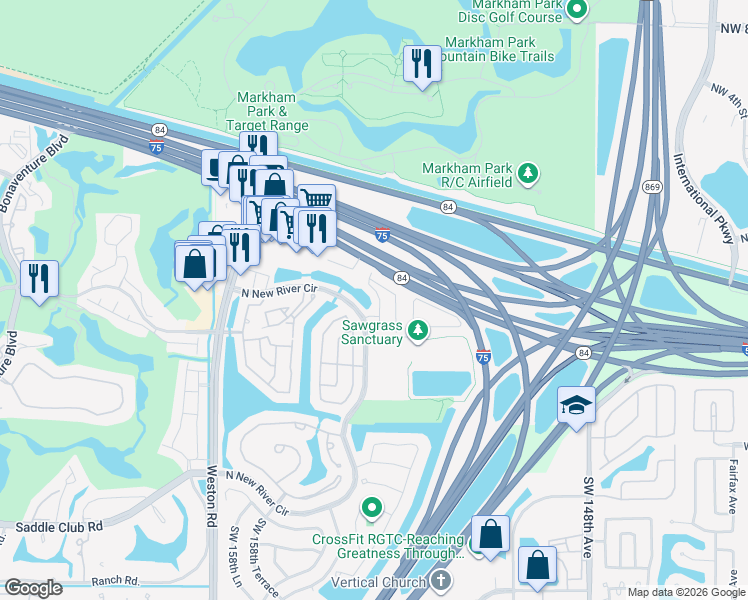 map of restaurants, bars, coffee shops, grocery stores, and more near 189 Riverwalk Circle in Sunrise