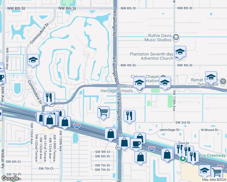 map of restaurants, bars, coffee shops, grocery stores, and more near 12411 Southwest 1st Street in Plantation