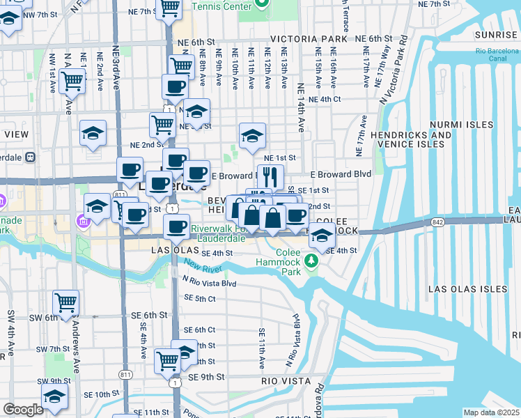 map of restaurants, bars, coffee shops, grocery stores, and more near 117 Southeast 12th Avenue in Fort Lauderdale