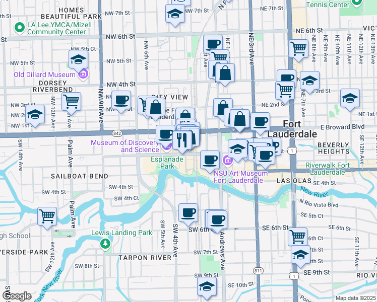 map of restaurants, bars, coffee shops, grocery stores, and more near 120 Southwest 3rd Avenue in Fort Lauderdale